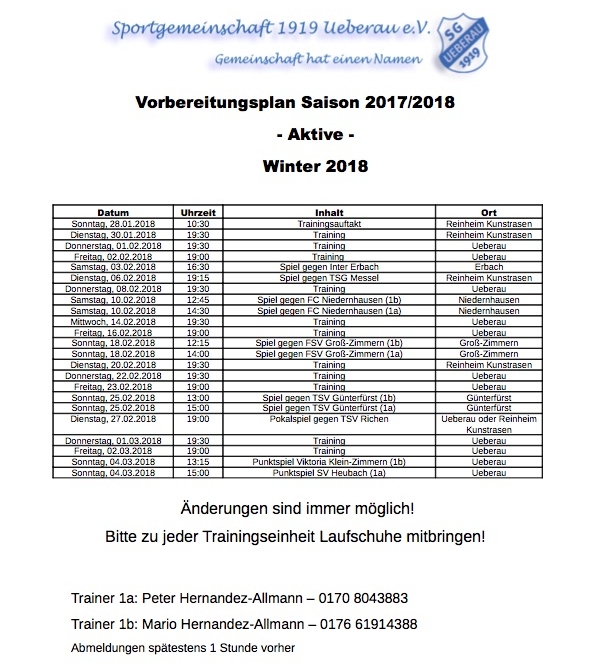 Trainingsplan Winter 2018 Aktive