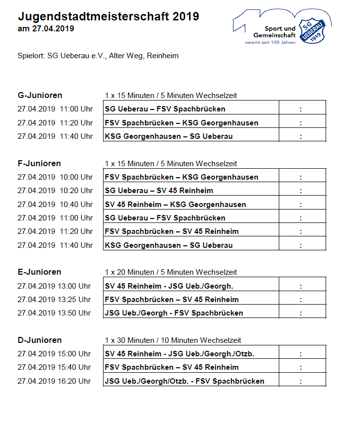 Spielplan Jugendstadtmeisterschaft 2019