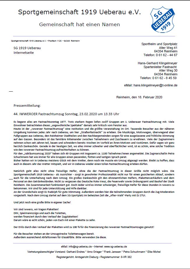 Pressemitteilung Umzug 2020 SG